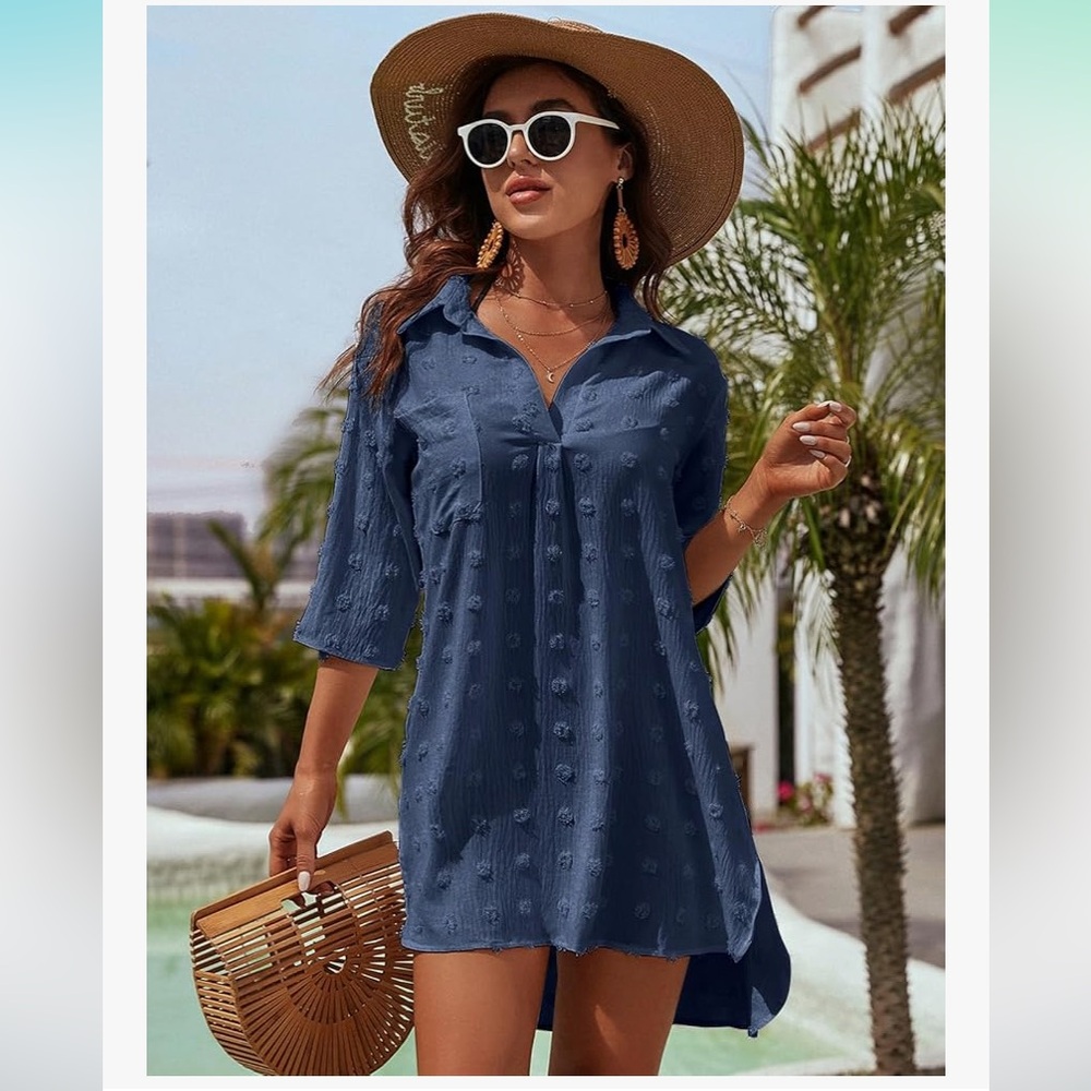 B Womens’ Beach Swim Coverup Dress Navy EUC Medium HiLo Hem Tab Sleeves‎ VNeck